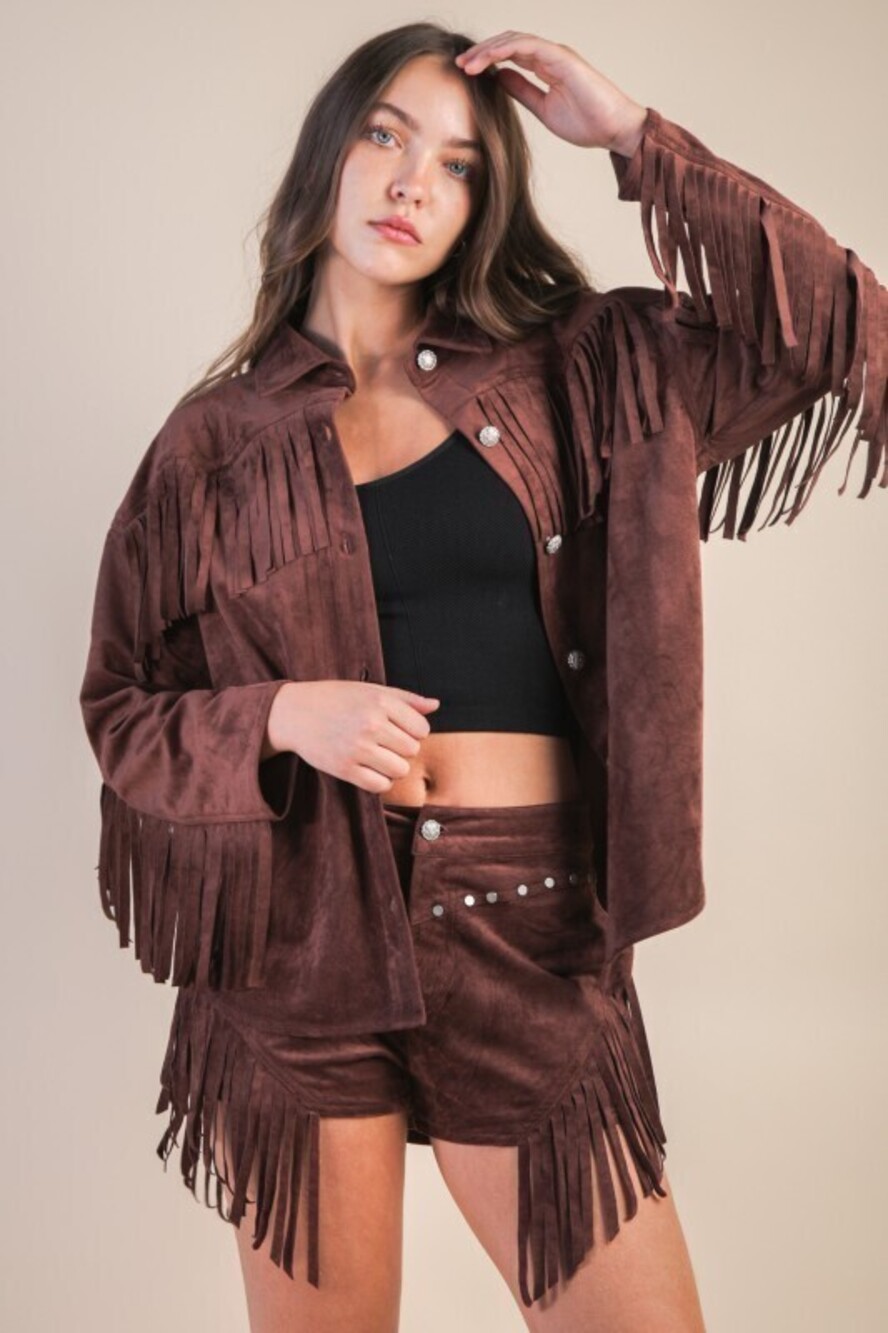 NJ90387 Very J Fringe Detail Western Suede Jacket Shacket Var Sizes